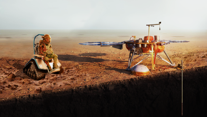 Planète mars, sonde Insight, un cosmonaute en fauteuil à chenille.