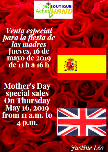Sur un fond de rose rouge, drapeaux anglais et espagnol, annonce de la vente pour la fête des mères