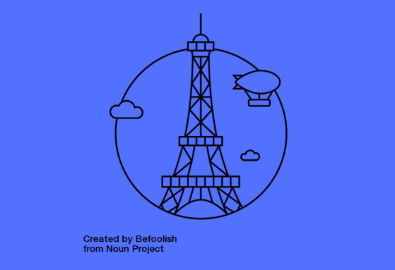 Tour Eiffel et zeppelin sur fond bleu