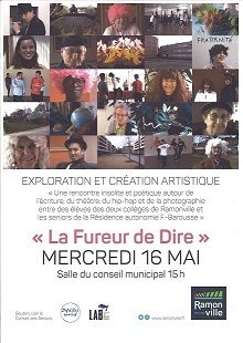 Affiche du spectacle "La fureur de dire" composée de portraits des participants.