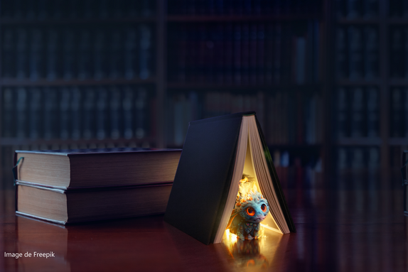 Un bébé dragon sort d'un livre entrouvert posé sur une table.
