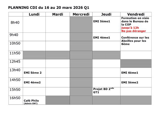 Planning du CDI du 16 au 20 mars 2026