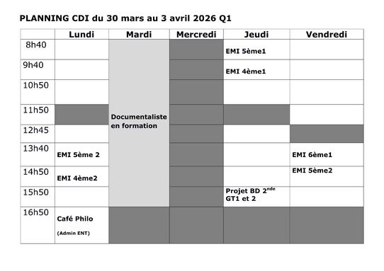 Planning du CDI du 30 mars au 3 avril 2026