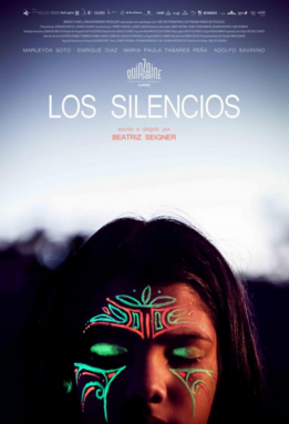 Affiche film Los Silencios, visage fille avec des dessins floraux en couleur.