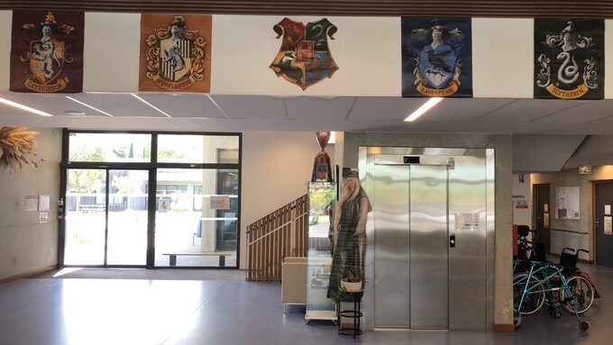 Hall d'entrée, blason des maisons et Dumbledore